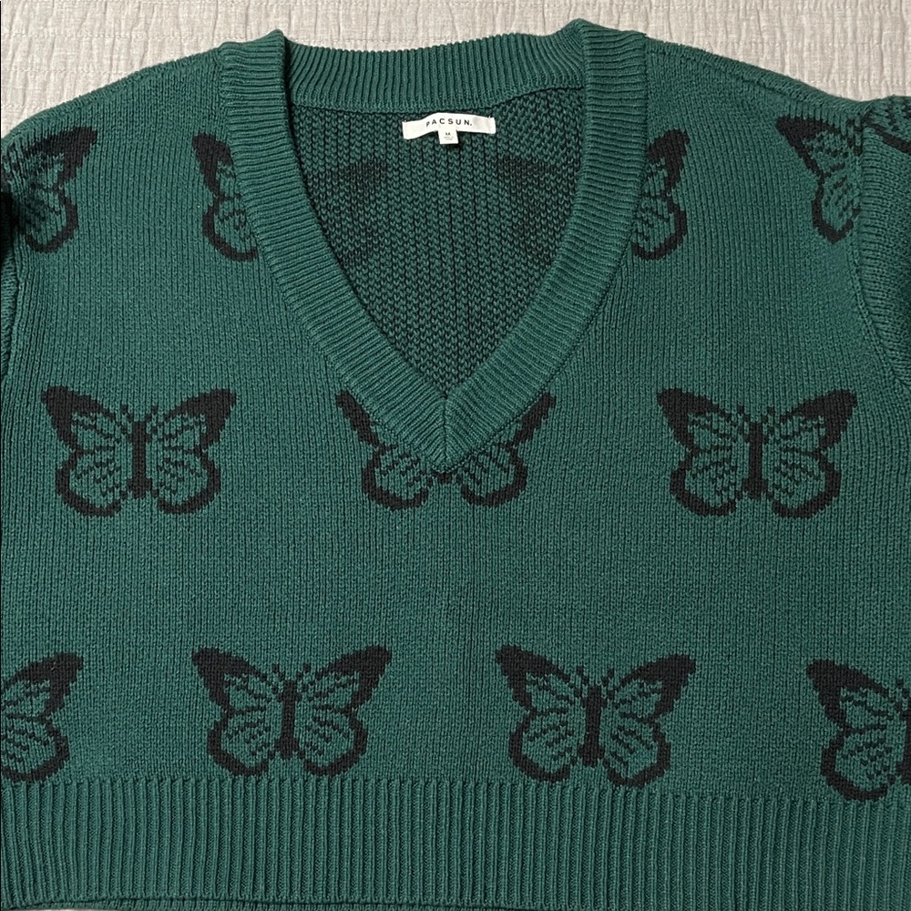 PacSun Cropped V Neck Sweater Green Butterfly Patterned Women's M Casual